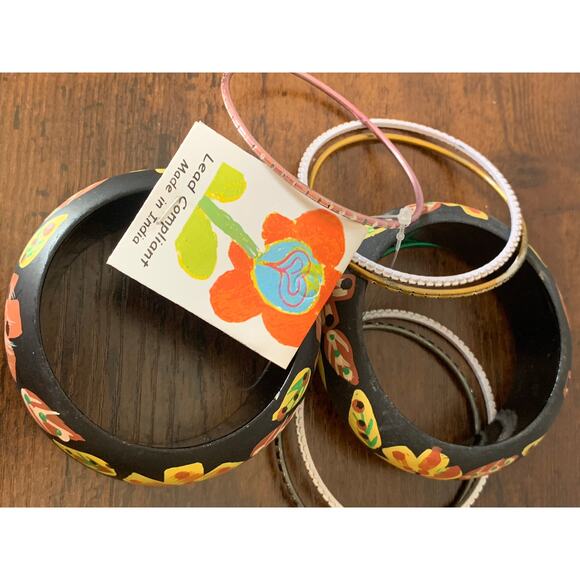 Antika Two Black Floral Wooden Bangle Bracelets with Six Metal Bangles New! - Picture 4 of 5